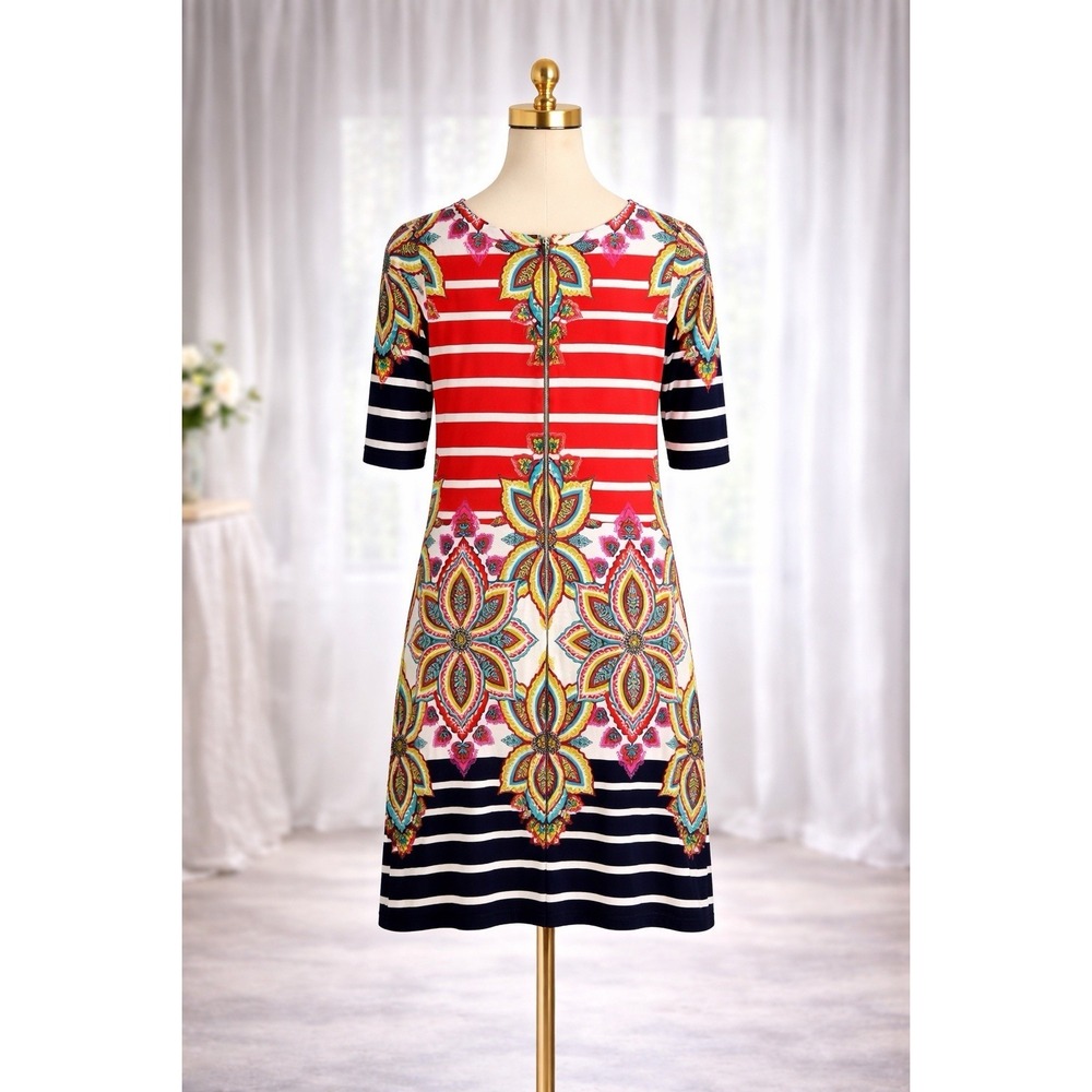Joseph Ribkoff Dress 12 Orange‎ Black Floral Striped Sheath Jersey Vibrant Artsy